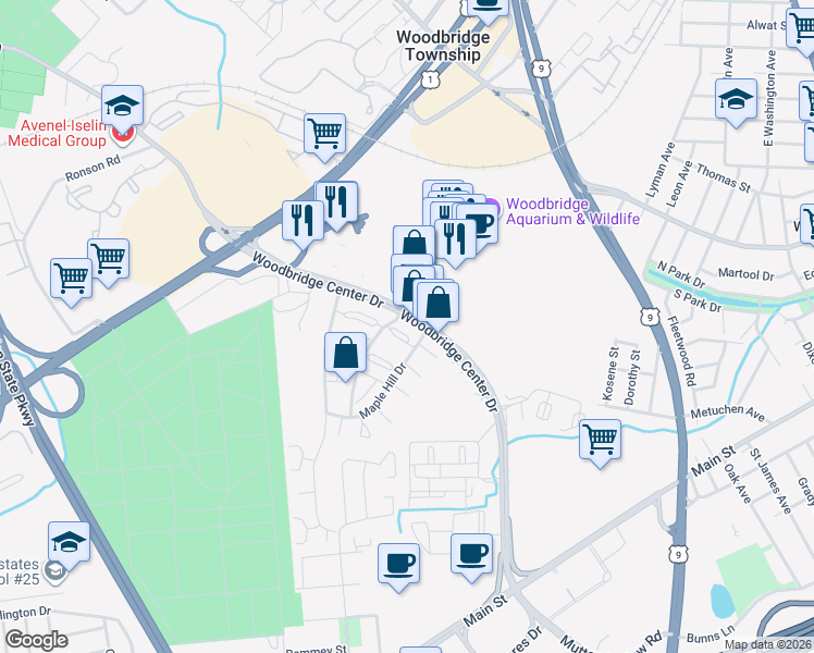 map of restaurants, bars, coffee shops, grocery stores, and more near 133 Woodbridge Terrace in Woodbridge Township