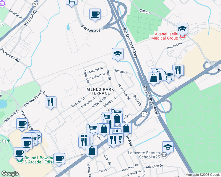 map of restaurants, bars, coffee shops, grocery stores, and more near 152 Jefferson Street in Metuchen