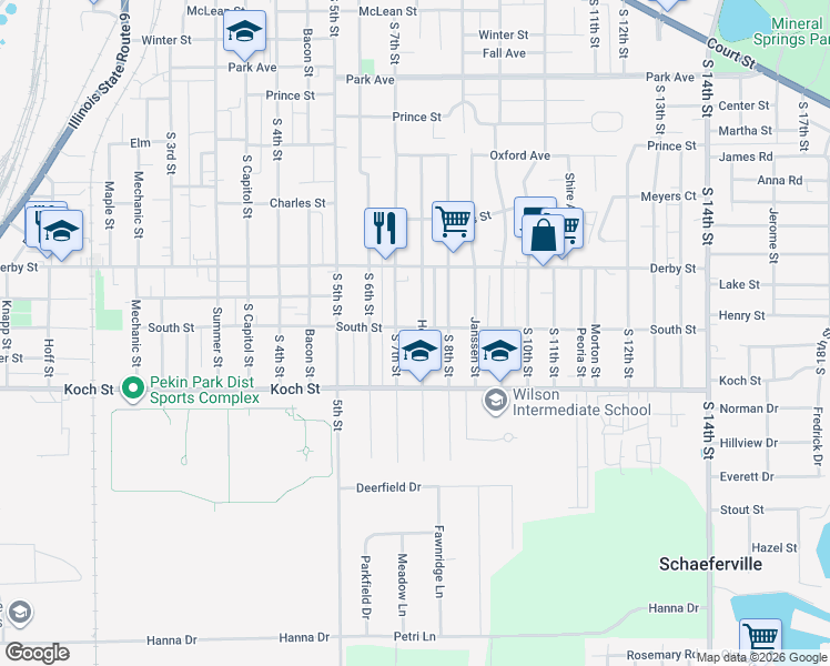 map of restaurants, bars, coffee shops, grocery stores, and more near 1408 S 7th St in Pekin