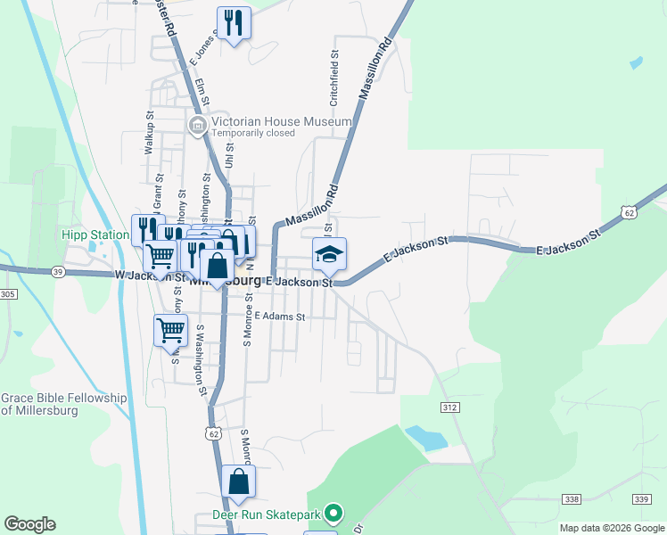 map of restaurants, bars, coffee shops, grocery stores, and more near 430 East Jackson Street in Millersburg