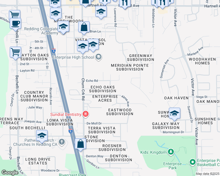 map of restaurants, bars, coffee shops, grocery stores, and more near 3611 Echo Road in Redding