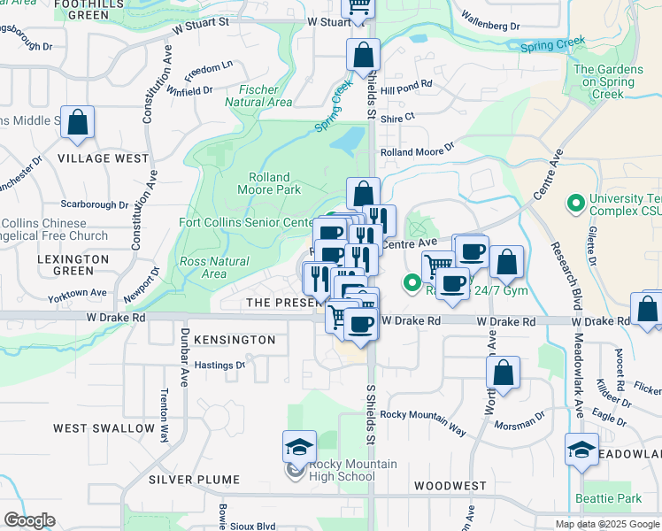 map of restaurants, bars, coffee shops, grocery stores, and more near 2555 South Shields Street in Fort Collins