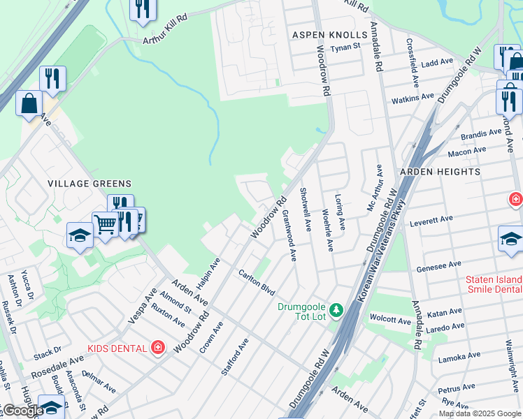 map of restaurants, bars, coffee shops, grocery stores, and more near 419 Woodrow Road in Staten Island