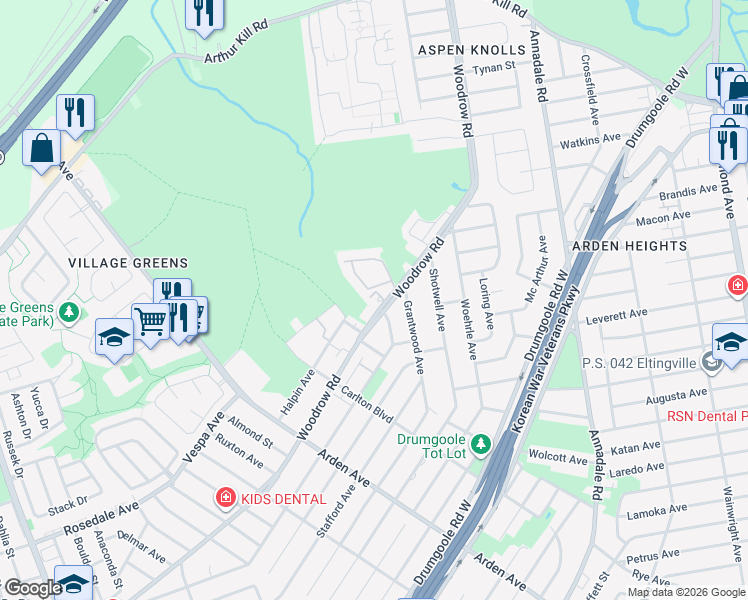 map of restaurants, bars, coffee shops, grocery stores, and more near 419 Woodrow Road in Staten Island