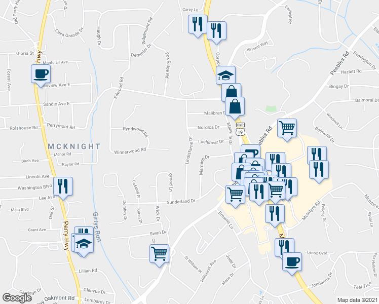 map of restaurants, bars, coffee shops, grocery stores, and more near 8031 Lindisfarne Drive in Pittsburgh