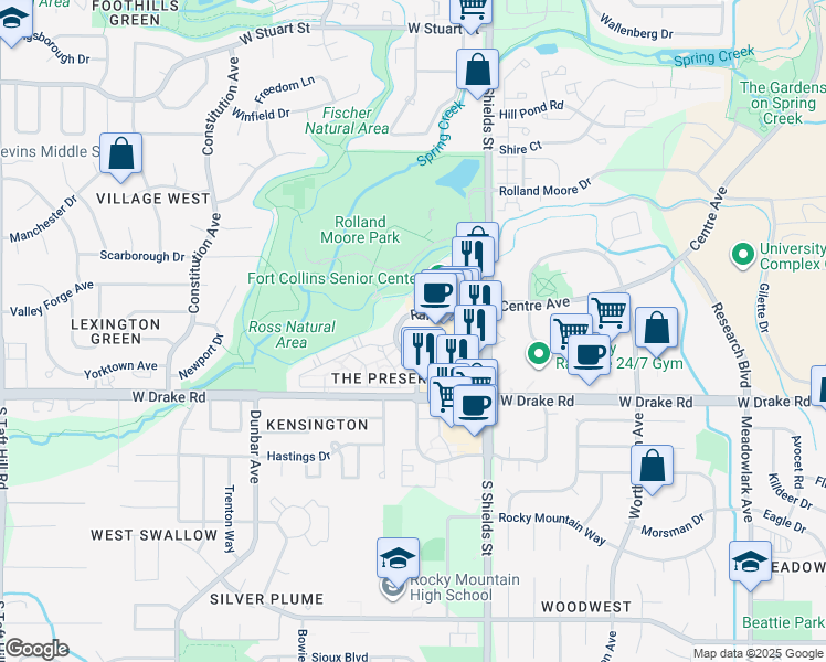map of restaurants, bars, coffee shops, grocery stores, and more near 2544 Raintree Drive in Fort Collins