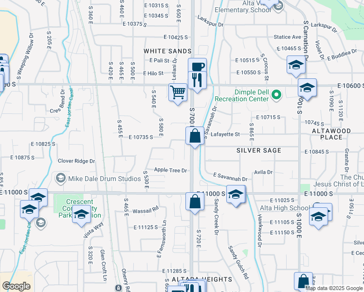 map of restaurants, bars, coffee shops, grocery stores, and more near 10834 South 670 East in Sandy