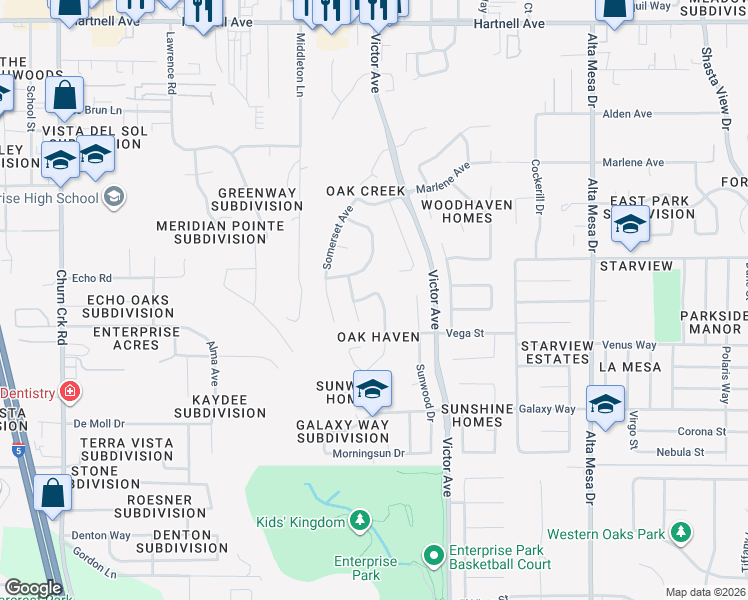map of restaurants, bars, coffee shops, grocery stores, and more near 3683 Cherrywood Drive in Redding