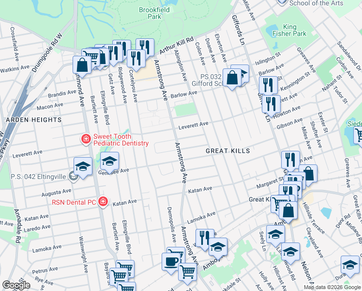 map of restaurants, bars, coffee shops, grocery stores, and more near 797 Armstrong Avenue in Staten Island