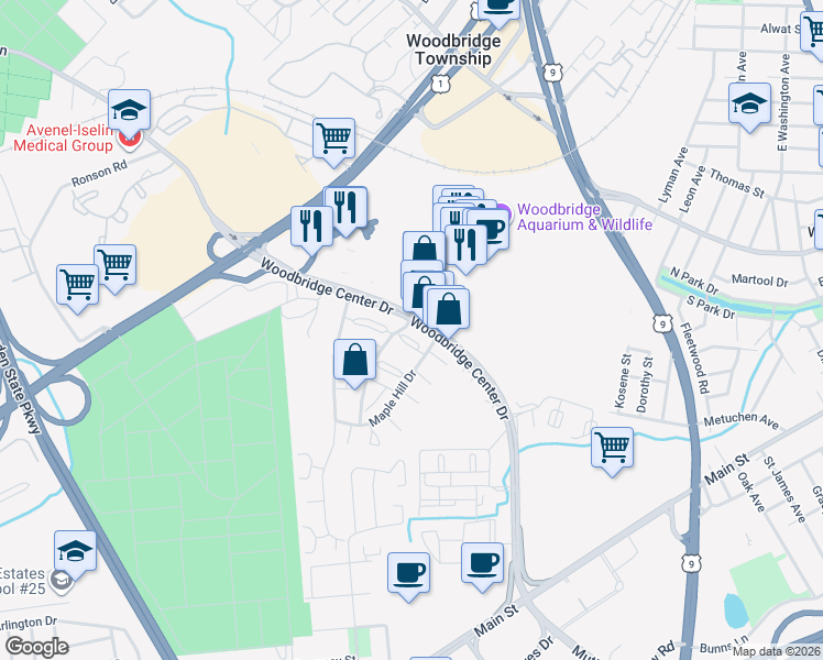 map of restaurants, bars, coffee shops, grocery stores, and more near 133 Woodbridge Terrace in Woodbridge Township