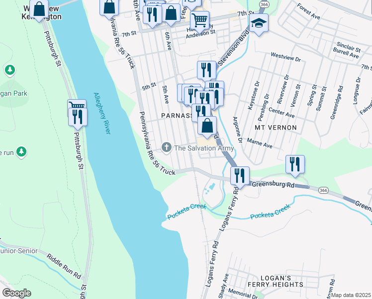 map of restaurants, bars, coffee shops, grocery stores, and more near 223 Main Street in New Kensington