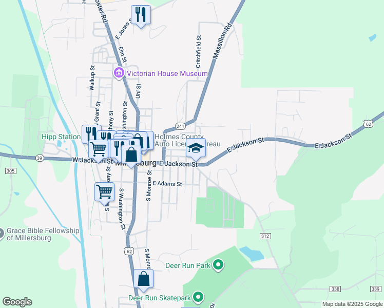 map of restaurants, bars, coffee shops, grocery stores, and more near 441 East Jackson Street in Millersburg