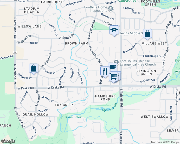 map of restaurants, bars, coffee shops, grocery stores, and more near 2407 Valley Forge Avenue in Fort Collins