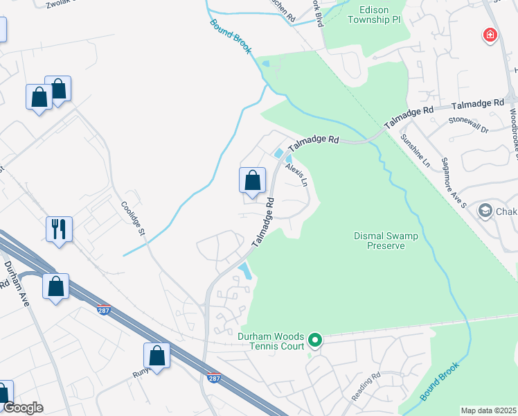 map of restaurants, bars, coffee shops, grocery stores, and more near 1 Alexis Lane in Edison