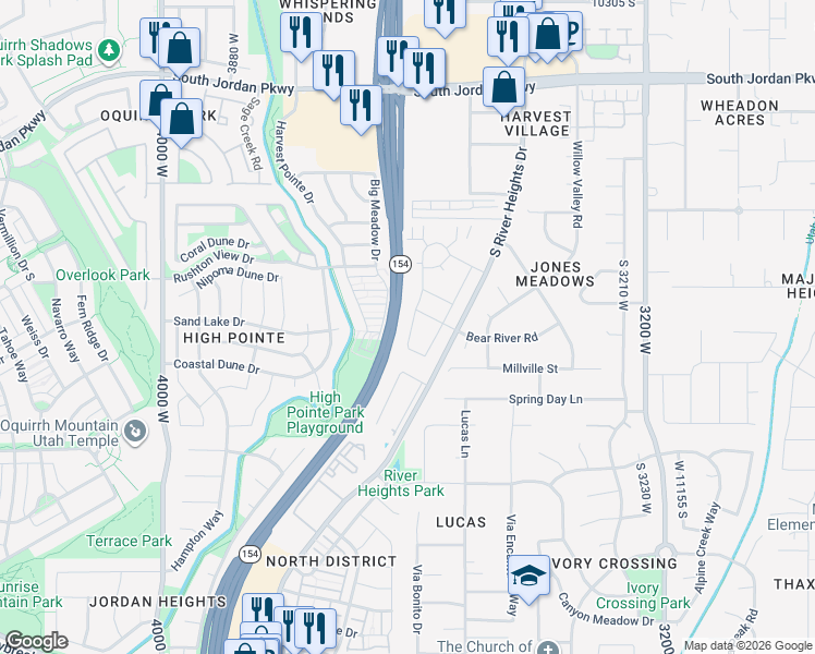 map of restaurants, bars, coffee shops, grocery stores, and more near 10824 Haven Landing Drive in South Jordan