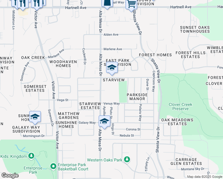 map of restaurants, bars, coffee shops, grocery stores, and more near 2301 Saturn Skyway in Redding