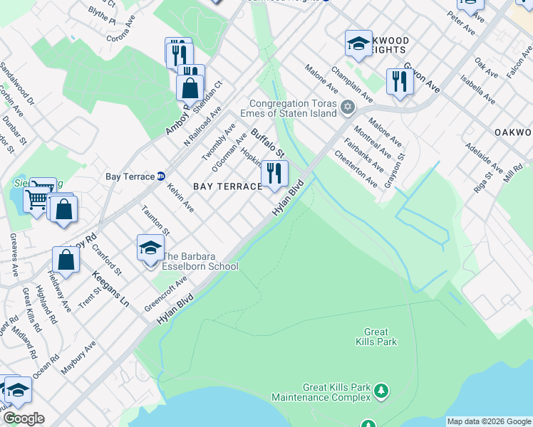 map of restaurants, bars, coffee shops, grocery stores, and more near 3333 Hylan Boulevard in Staten Island