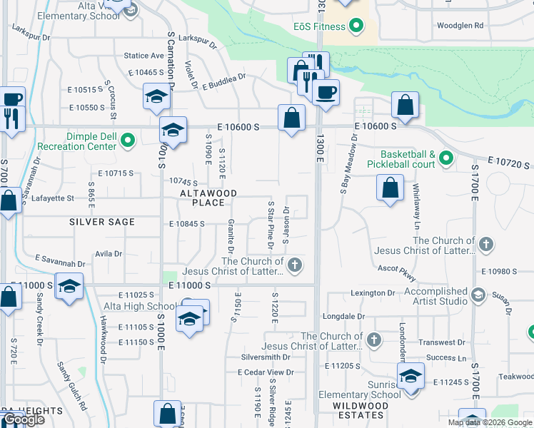 map of restaurants, bars, coffee shops, grocery stores, and more near 1188 Lost Eden Drive in Sandy
