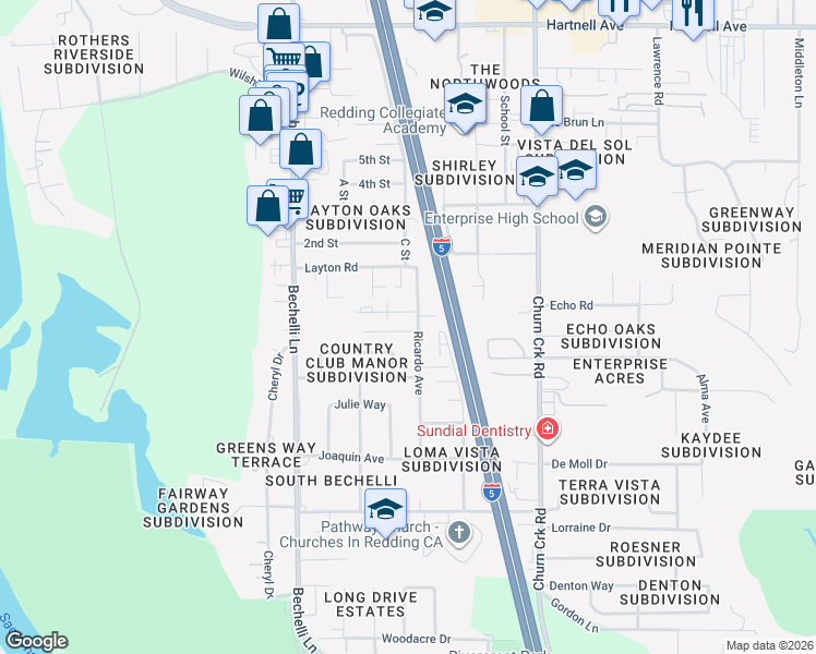 map of restaurants, bars, coffee shops, grocery stores, and more near 3596 Ricardo Avenue in Redding
