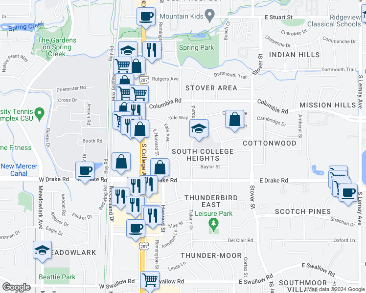 map of restaurants, bars, coffee shops, grocery stores, and more near 2432 Mathews Street in Fort Collins