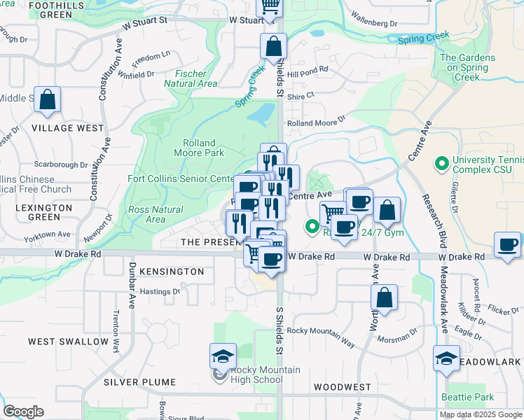 map of restaurants, bars, coffee shops, grocery stores, and more near 2519 South Shields Street in Fort Collins