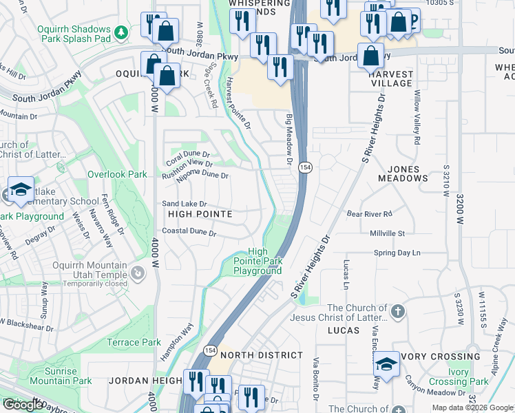 map of restaurants, bars, coffee shops, grocery stores, and more near 10954 Coastal Dune Drive in South Jordan