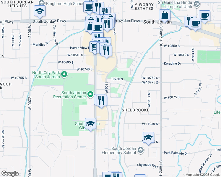 map of restaurants, bars, coffee shops, grocery stores, and more near 1608 Wyngate Park Drive in South Jordan