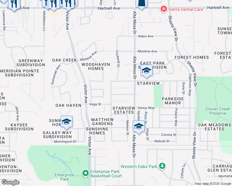 map of restaurants, bars, coffee shops, grocery stores, and more near 2108 Solar Way in Redding