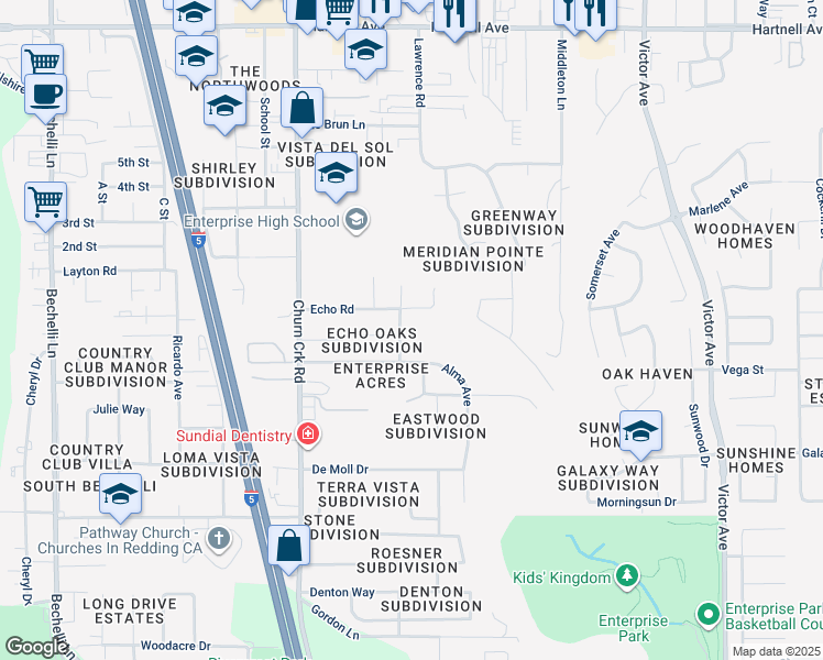 map of restaurants, bars, coffee shops, grocery stores, and more near 3489 Odin Court in Redding