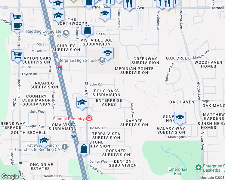 map of restaurants, bars, coffee shops, grocery stores, and more near 3489 Odin Court in Redding