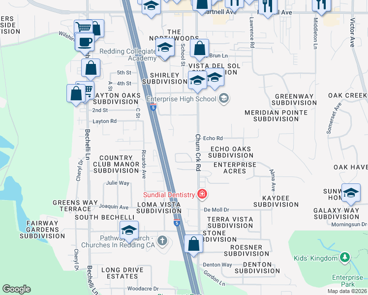 map of restaurants, bars, coffee shops, grocery stores, and more near 3550 Churn Creek Road in Redding