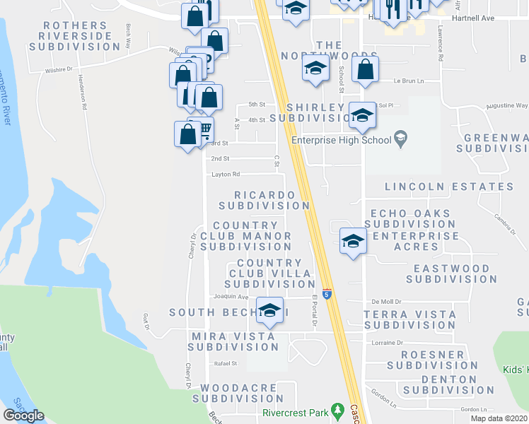 map of restaurants, bars, coffee shops, grocery stores, and more near 724 Kerryjen Court in Redding