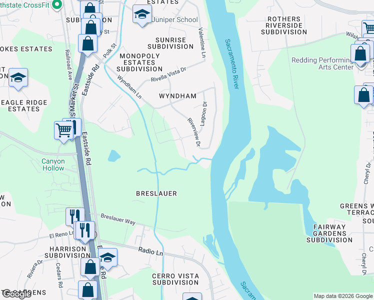 map of restaurants, bars, coffee shops, grocery stores, and more near 3665 Riverview Drive in Redding