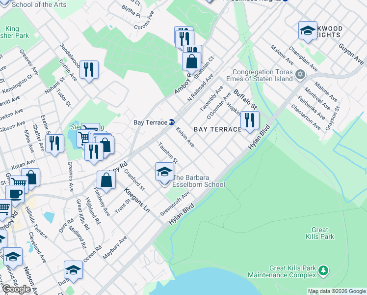 map of restaurants, bars, coffee shops, grocery stores, and more near 32 Kelvin Avenue in Staten Island