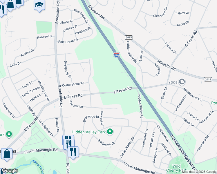 map of restaurants, bars, coffee shops, grocery stores, and more near 4801 East Texas Road in Allentown