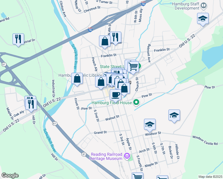 map of restaurants, bars, coffee shops, grocery stores, and more near 19 North 3rd Street in Hamburg