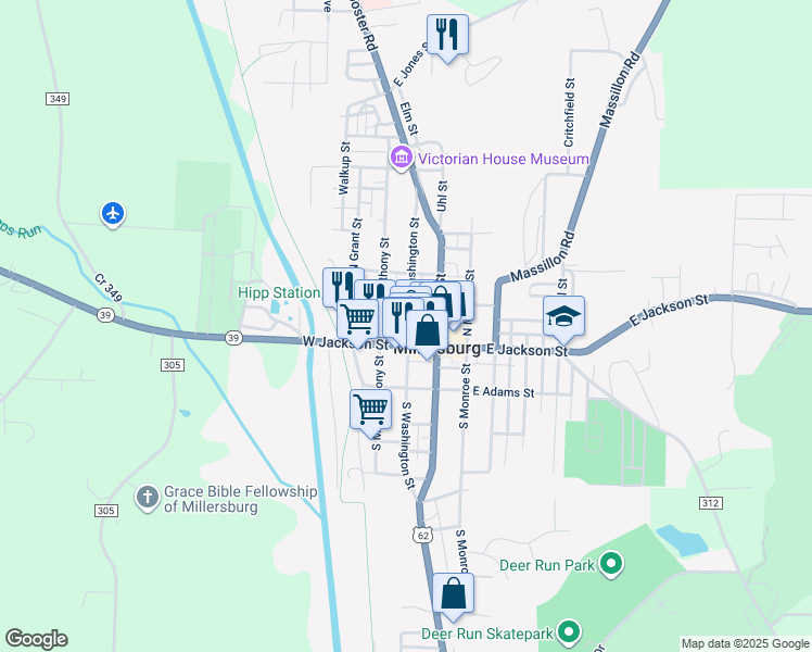 map of restaurants, bars, coffee shops, grocery stores, and more near 62 West Clinton Street in Millersburg
