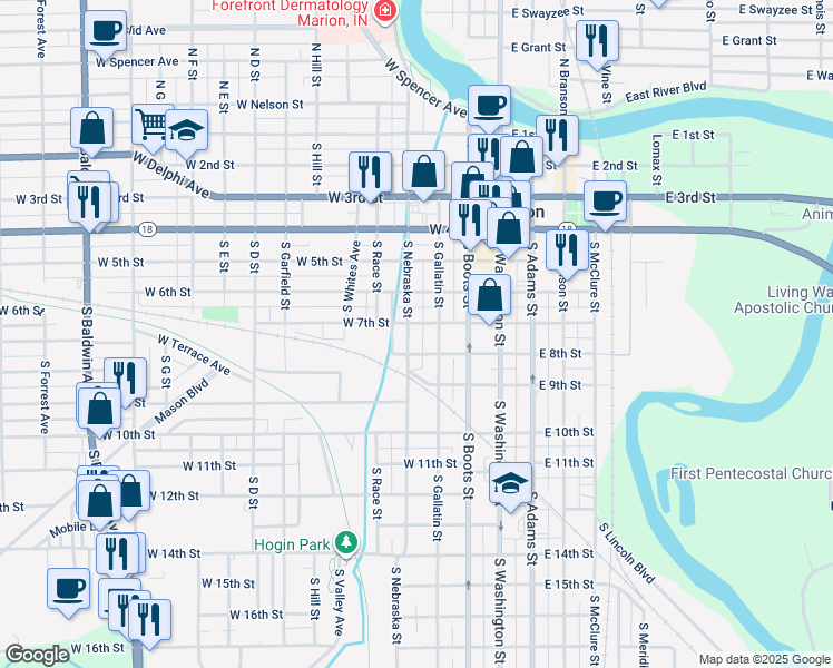 map of restaurants, bars, coffee shops, grocery stores, and more near 612 S Nebraska St in Marion