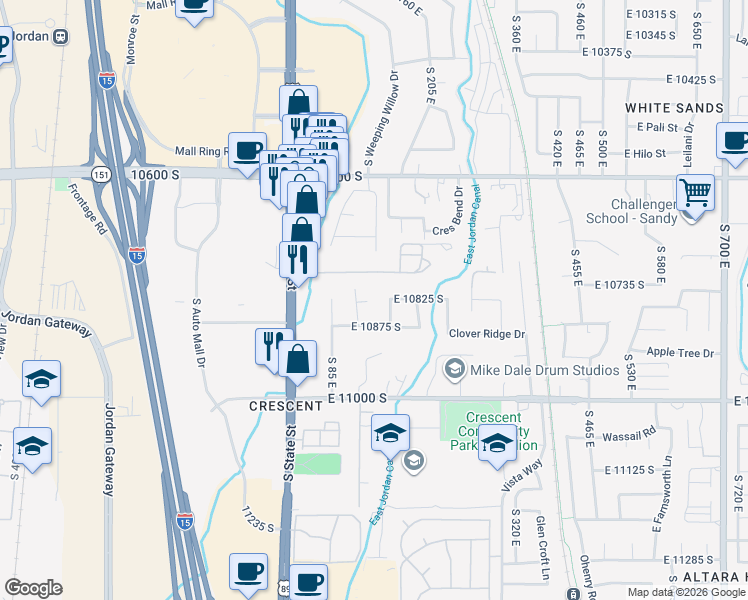 map of restaurants, bars, coffee shops, grocery stores, and more near 151 East Emilee Kaye Circle in Sandy