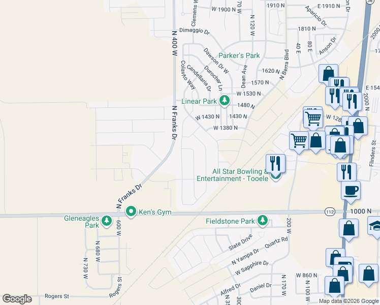 map of restaurants, bars, coffee shops, grocery stores, and more near 1267 North 340 West in Tooele