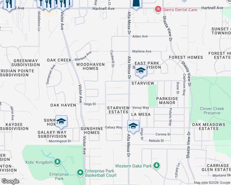 map of restaurants, bars, coffee shops, grocery stores, and more near 2108 Solar Way in Redding