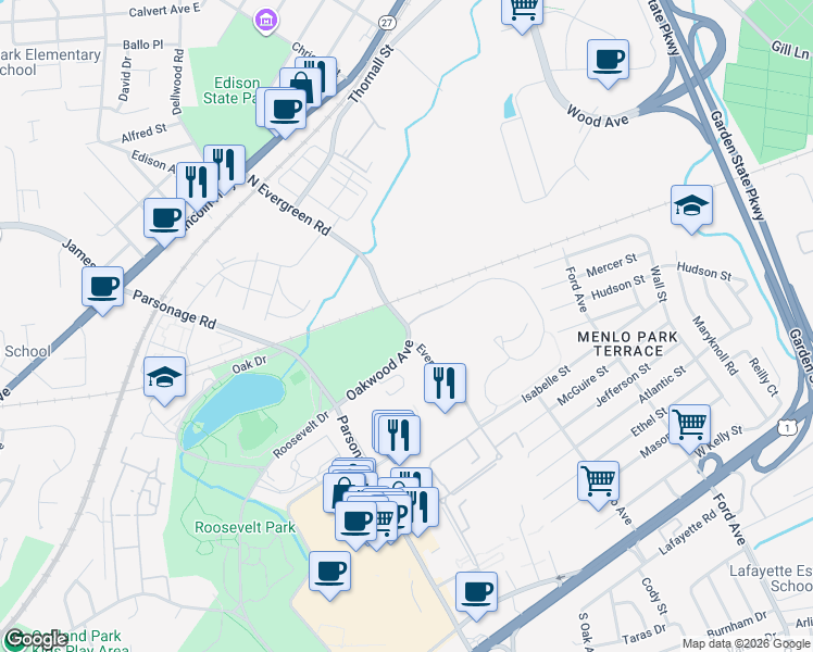 map of restaurants, bars, coffee shops, grocery stores, and more near 102 Evergreen Road in Edison