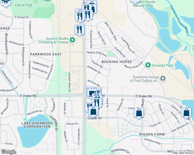 map of restaurants, bars, coffee shops, grocery stores, and more near 2450 Windrow Drive in Fort Collins