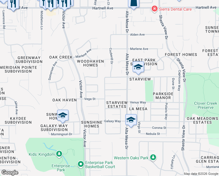 map of restaurants, bars, coffee shops, grocery stores, and more near 2108 Solar Way in Redding