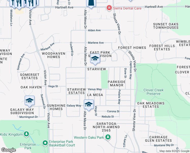 map of restaurants, bars, coffee shops, grocery stores, and more near 2301 Saturn Skyway in Redding