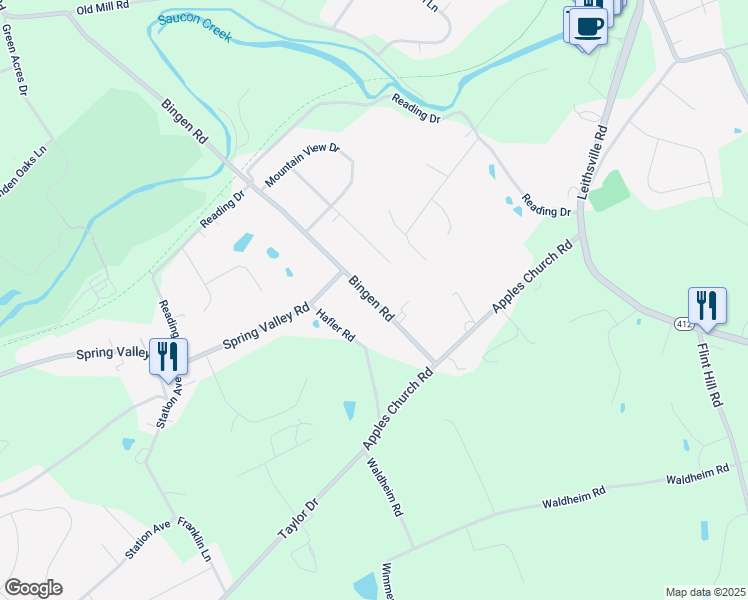 map of restaurants, bars, coffee shops, grocery stores, and more near 3231 Bingen Road in Bethlehem