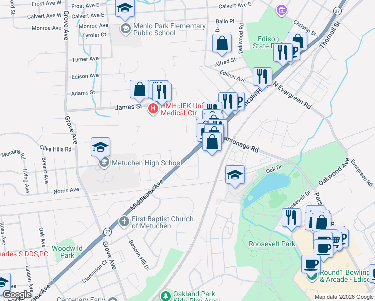 map of restaurants, bars, coffee shops, grocery stores, and more near 36 Middlesex Avenue in Metuchen