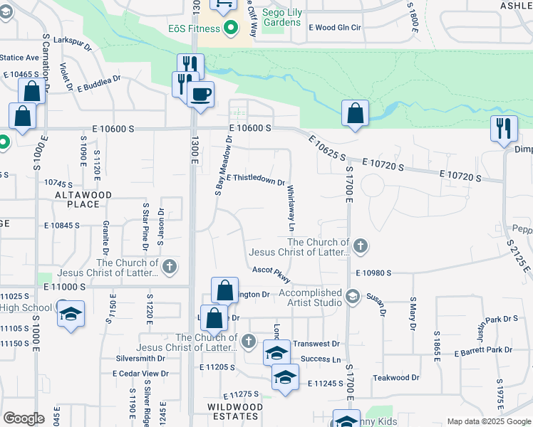 map of restaurants, bars, coffee shops, grocery stores, and more near 1488 East 10810 South in Sandy