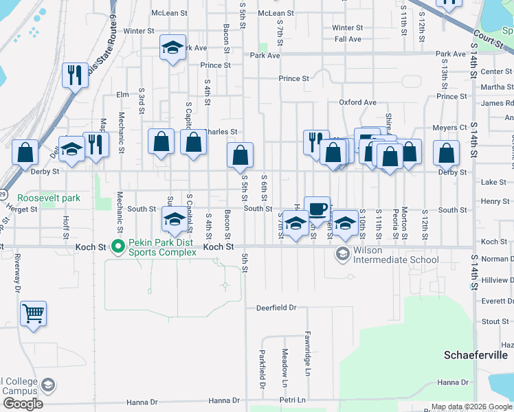 map of restaurants, bars, coffee shops, grocery stores, and more near 1317 South 6th Street in Pekin