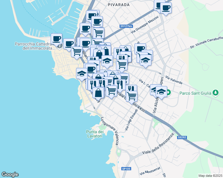 map of restaurants, bars, coffee shops, grocery stores, and more near 69 Via Alessandro Manzoni in Alghero